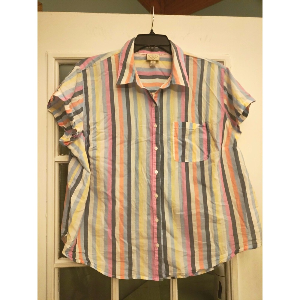 St Johns Bay Womens 2X Pastel Stripe Button Up Shirt 100% Cotton Short Sleeve